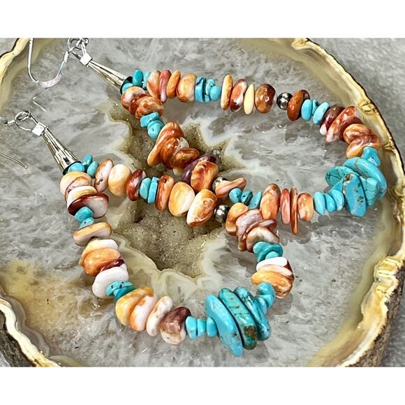 Native American Loop Dangle Earrings 925 Santo Domingo Kewa Pueblo Spiny Oyster - Picture 9 of 12